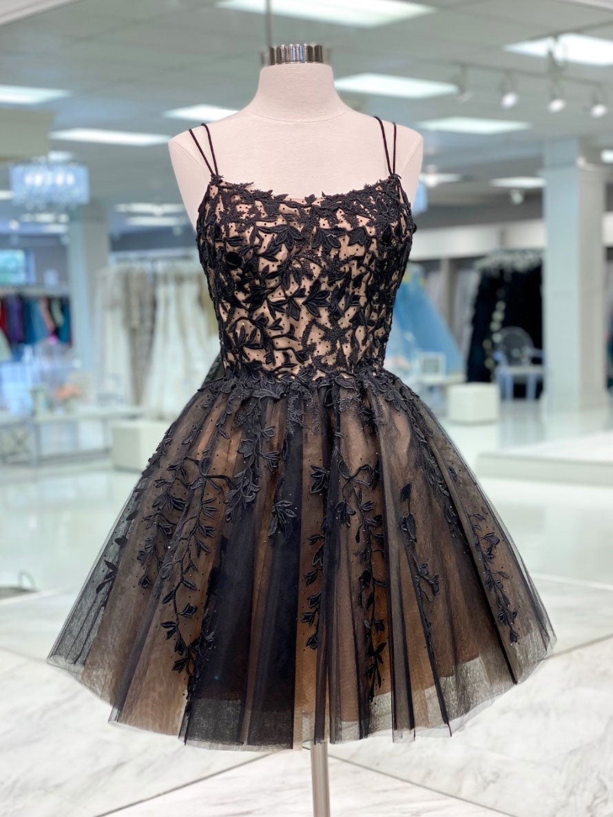 Vestido de fiesta corto de tul negro con encaje, vestido de fiesta de bienvenida de tul negro con encaje