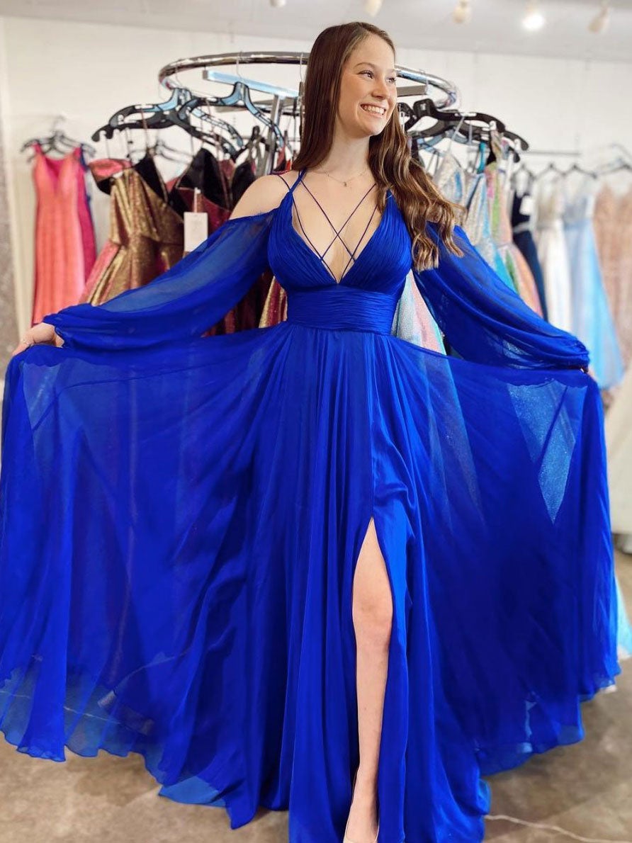 Vestido largo de fiesta de gasa con escote en V azul, vestido de noche largo azul
