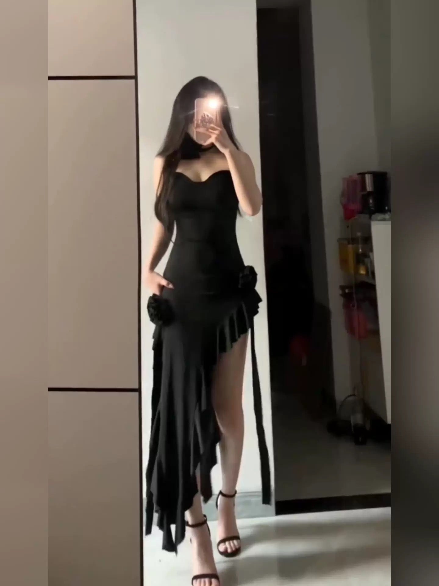 Simple Sheath Spaghetti Straps Black Satin Vacation Beach Dress Long Birthday Dresses SD006