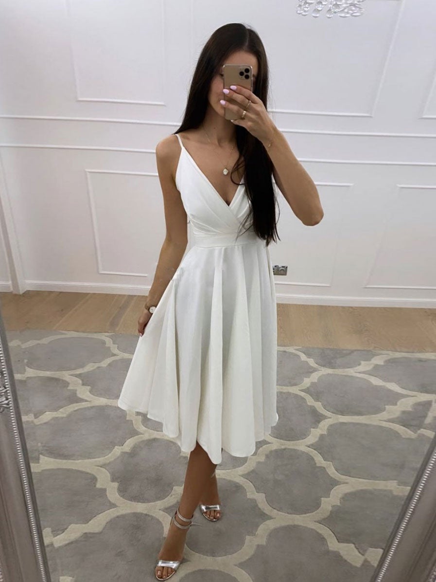 Vestido de fiesta corto sencillo con escote en V blanco, vestido de fiesta blanco