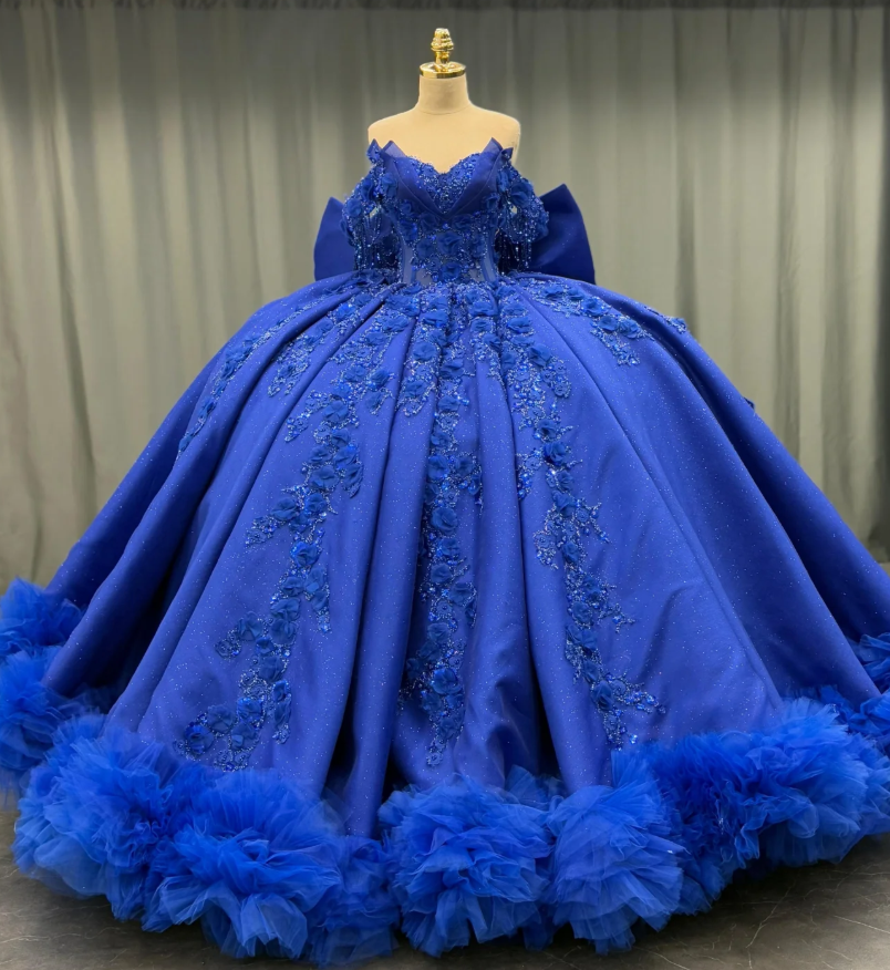 Royal Blue Ball Gown Off the Shoulder Beaded 3D Flowers Sweet 16 Dress Girls Party Gowns vestidos de quinceañera SH3266