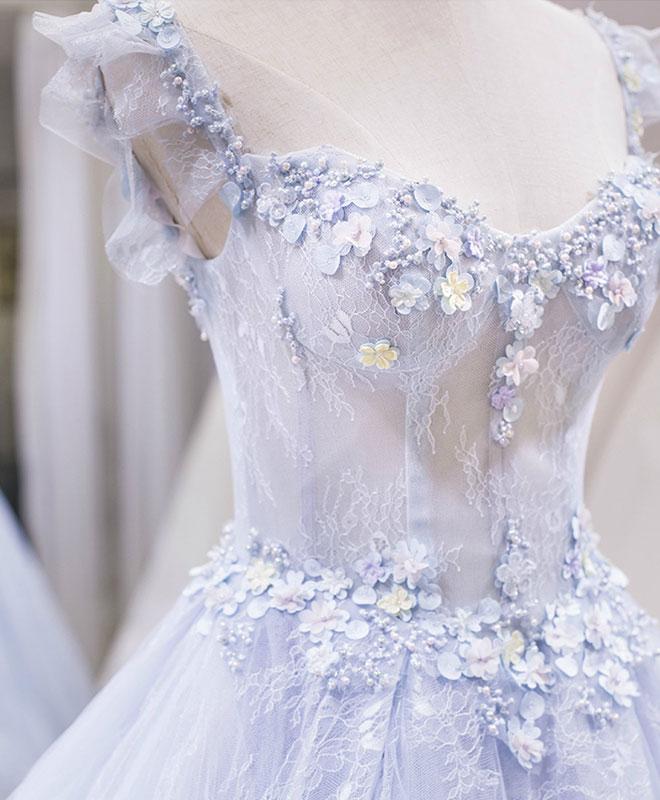 Vestido de fiesta largo de tul con encaje morado claro, vestido de noche azul