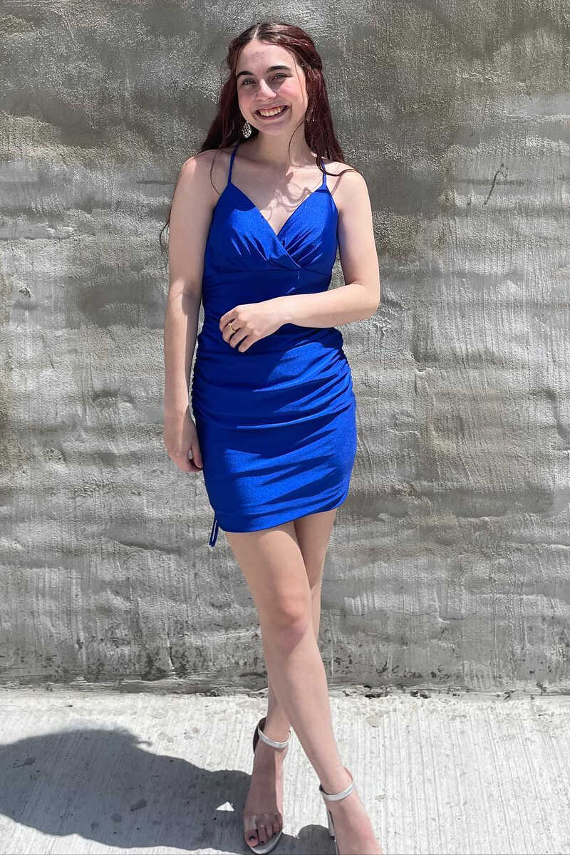 Vestido de fiesta corto fruncido con sobrepelliz azul real, vestido de seda Hoco