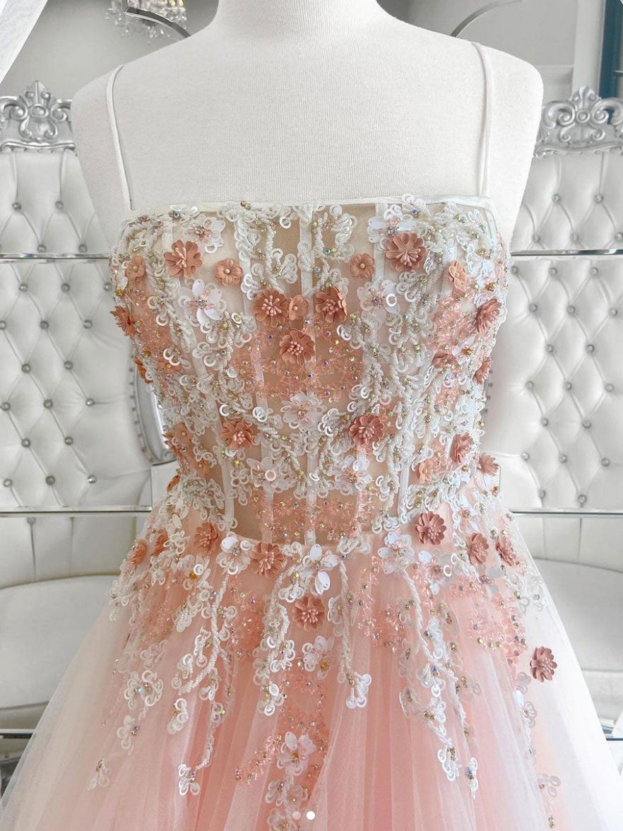 Vestido largo de fiesta con encaje de tul rosa, vestido de noche largo con encaje rosa