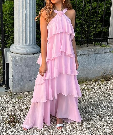 Vestido de fiesta rosa con corte en A y capas, vestidos de noche de gasa sin espalda