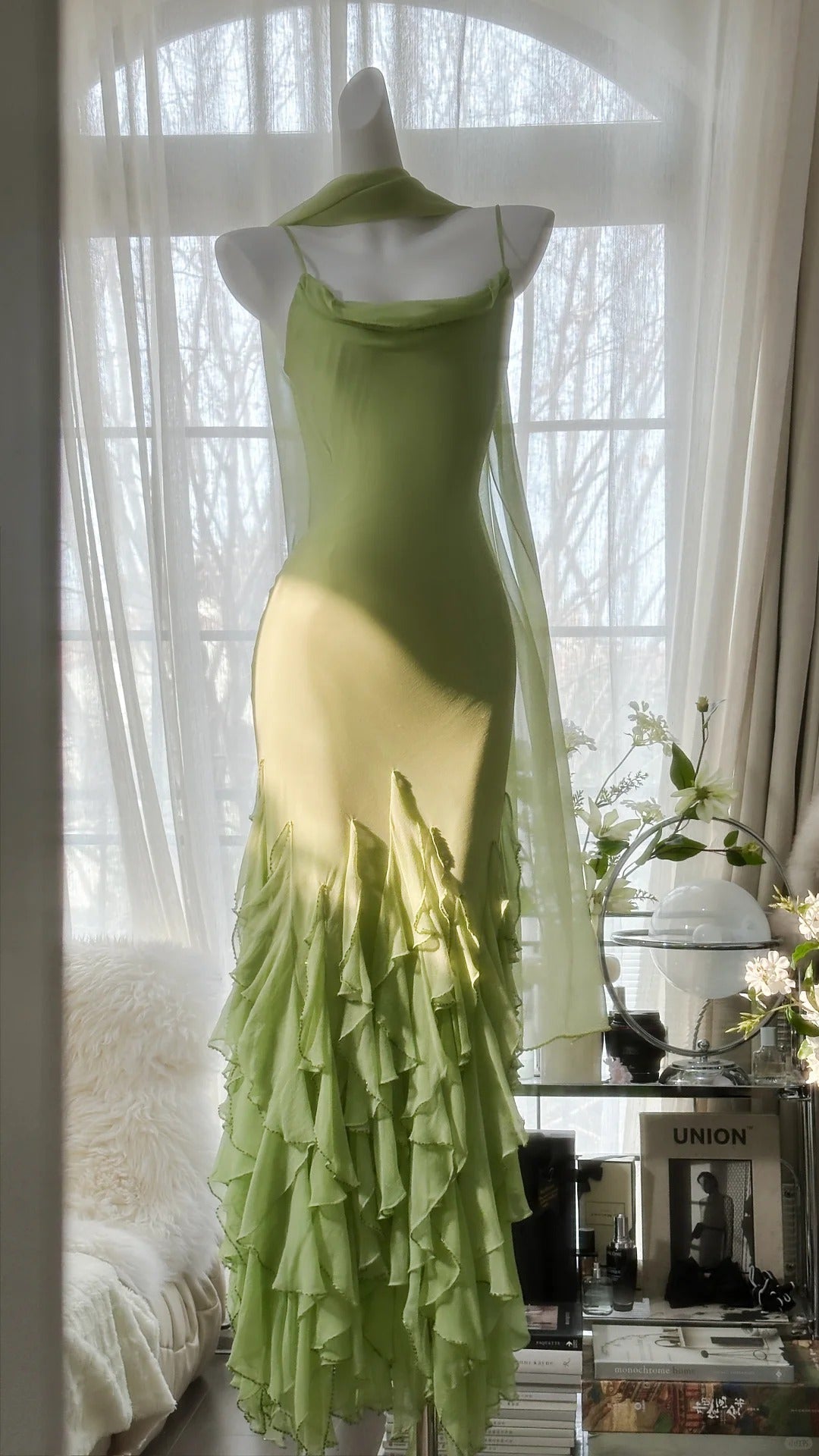 Green Stylish Elegant Spaghetti Straps Long Ruffled Mermaid Slim Fit Chiffon Ball Gown Birthday Party Dress Evening Dress Prom Dress gh3976