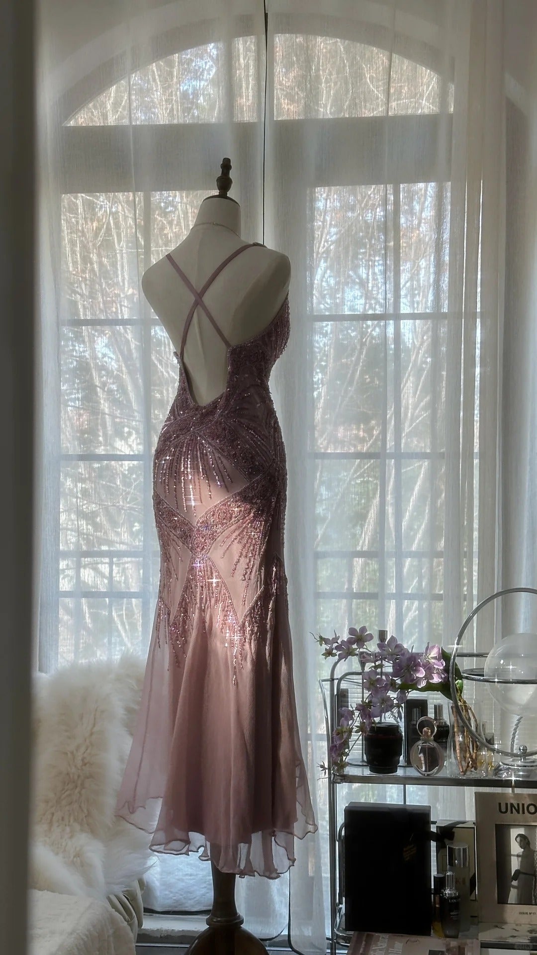 Pink Purple Romantic Fashion Elegant Exquisite Beaded Spaghetti Strap Long Tulle Chiffon Ruffle Ball Gown Evening Gown Party Dress gh4059