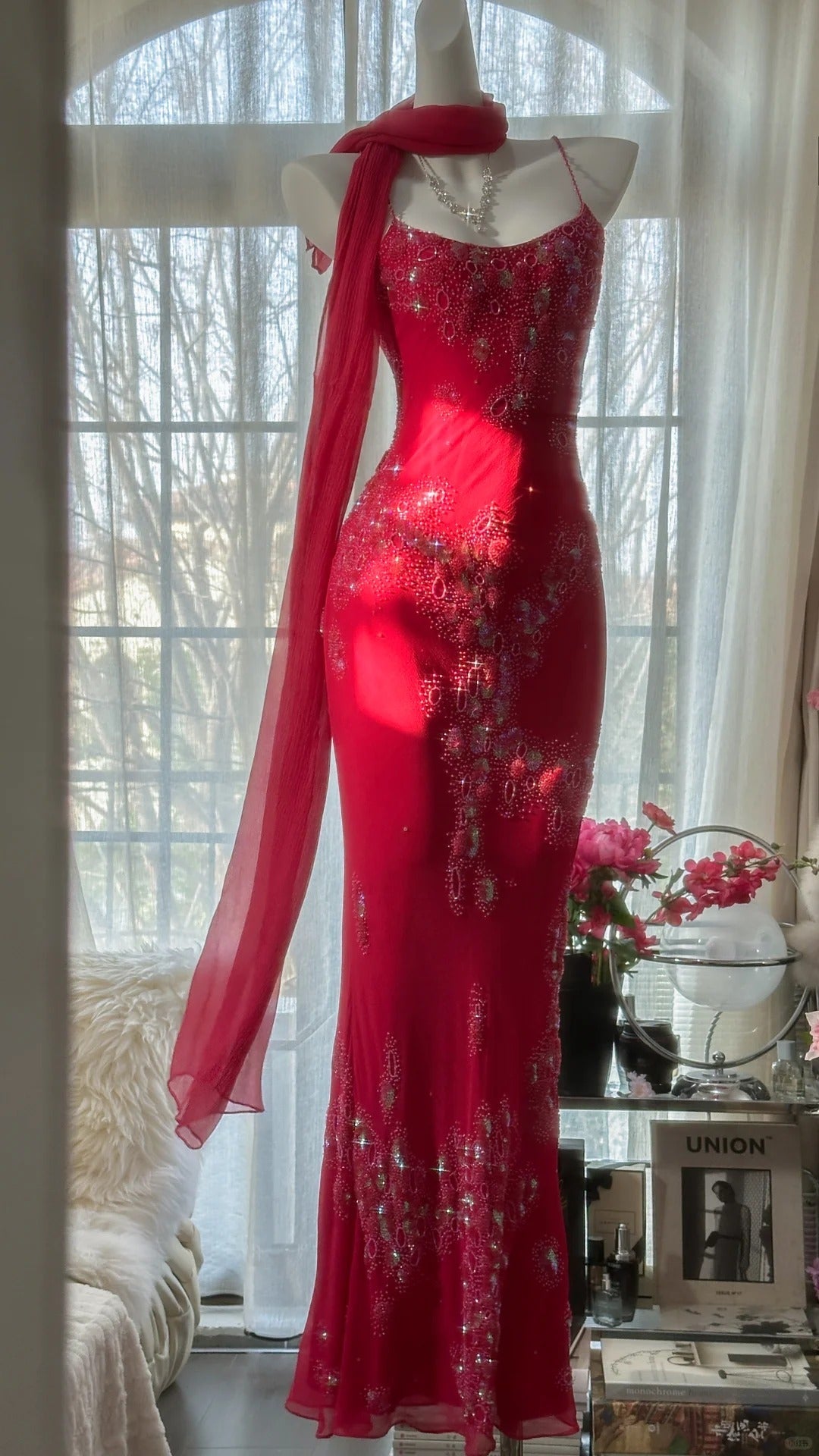Red Romantic Gorgeous Fashion Elegant Exquisite Beaded Long Chiffon Ball Gown Evening Dress Birthday/Wedding Guest/Vacation Party Dress Prom Dress Valentine's Day Date Dress gh4027
