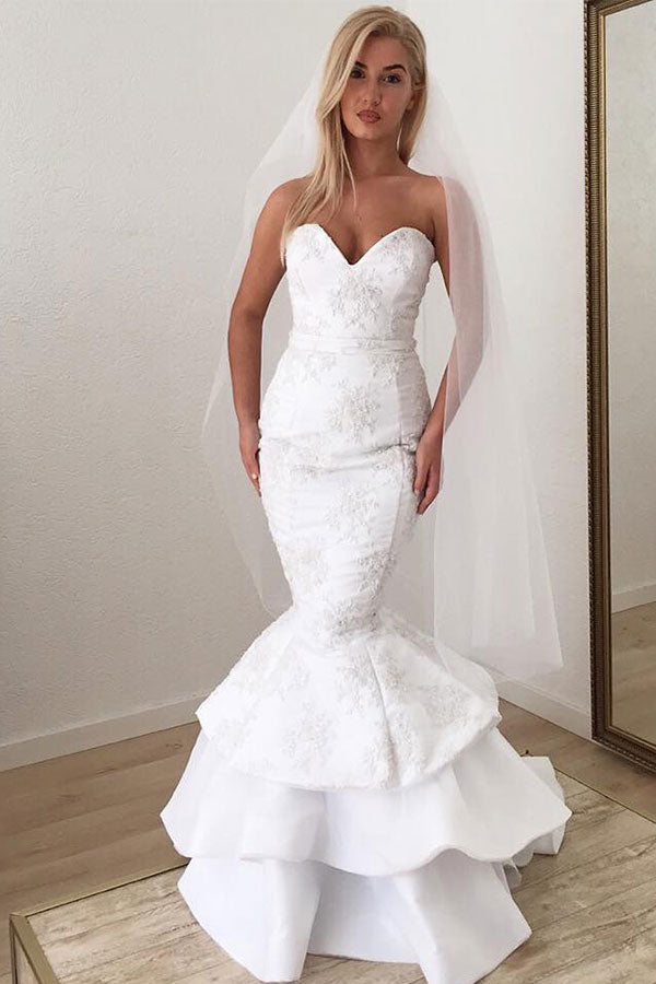 Vestido de novia largo con volantes, corte sirena, apliques de encaje blanco y escote en V moderno