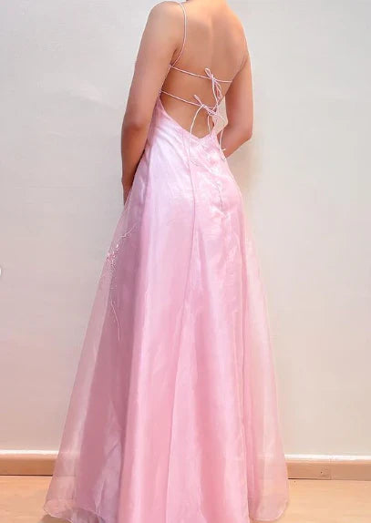 Vintage Pink A-Line Embroidery Prom Dress Long Chiffon Evening Dress Spaghetti Strap Formal Dress TP4575