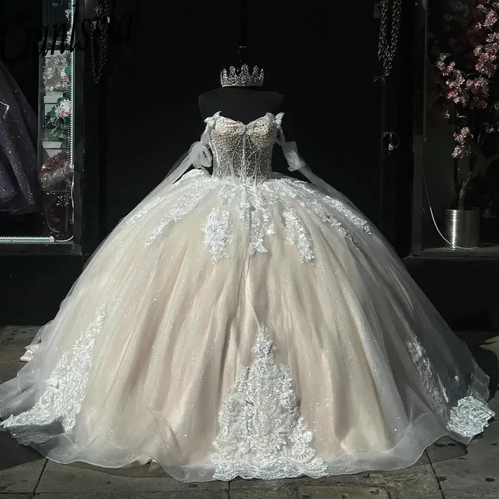 Elegante vestido de quinceañera de tul con apliques color marfil, corte A, para fiesta de graduación, cumpleaños, noche, baile, TP4530