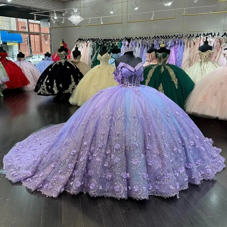Mexico Purple Sweetheart Quinceanera Dress Beaded Appliques Corset Prom Dress 3D Flowers Ball Gown Sweet 16 Robe De Bal fg6842