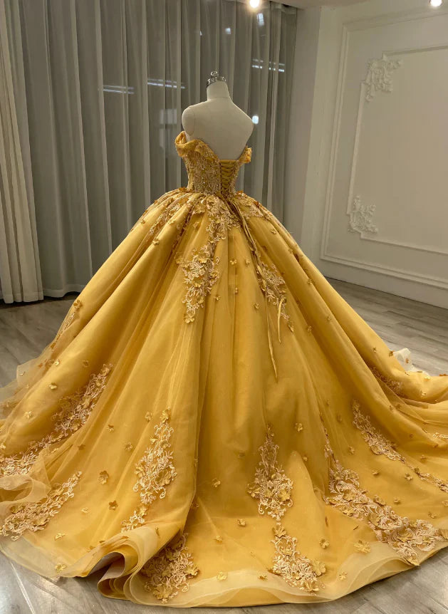 Hermoso vestido de quinceañera amarillo con apliques de corazón, hombros descubiertos y cuentas, corte A de tul hasta el suelo, para fiesta de graduación, cumpleaños, noche, baile, TP4548