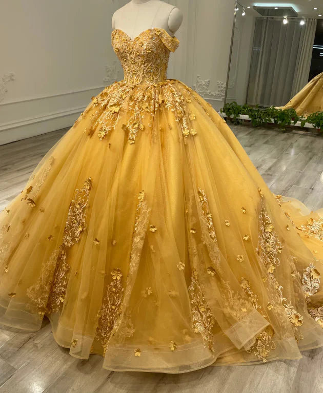 Hermoso vestido de quinceañera amarillo con apliques de corazón, hombros descubiertos y cuentas, corte A de tul hasta el suelo, para fiesta de graduación, cumpleaños, noche, baile, TP4548