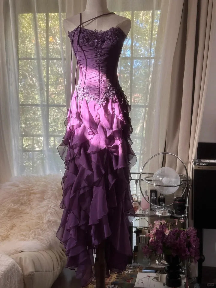 Romantic Purple Ruffle Chiffon Sleeveless Long Elegant Ball Gown Evening Dress Birthday Party Dress gh4270