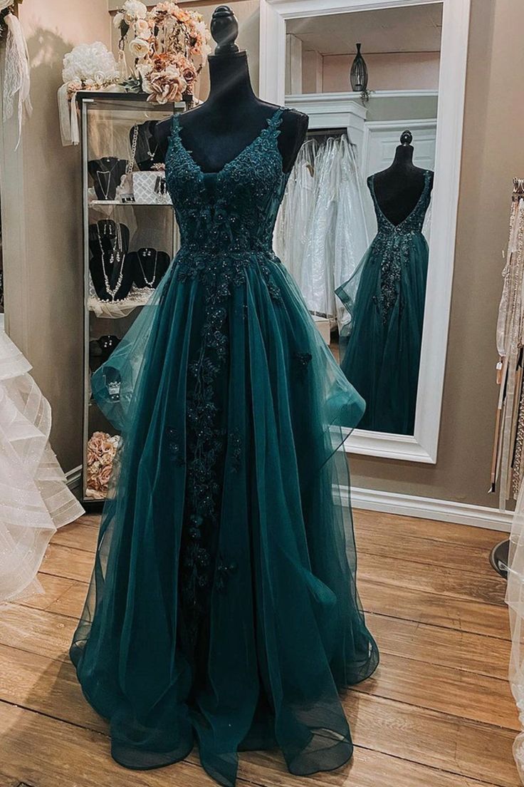 V Neck Open Back Dark Green Lace Beaded Long Prom Dresses, Dark Green Lace Formal Dresses, Dark Green Evening Dresses Tp07