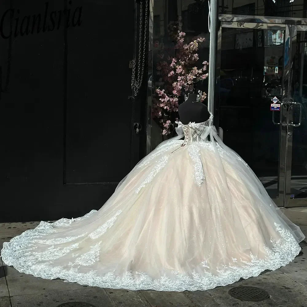 Elegante vestido de quinceañera de tul con apliques color marfil, corte A, para fiesta de graduación, cumpleaños, noche, baile, TP4530