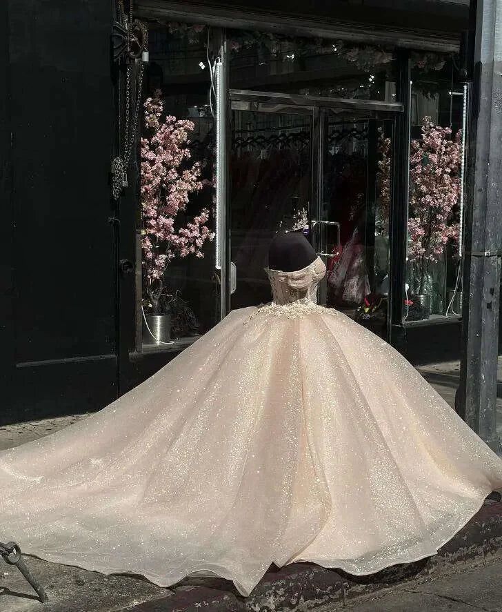 Elegante vestido de quinceañera de tul con hombros descubiertos, brillante, color champán, corte A, para fiesta de graduación, cumpleaños, noche, baile, TP4529