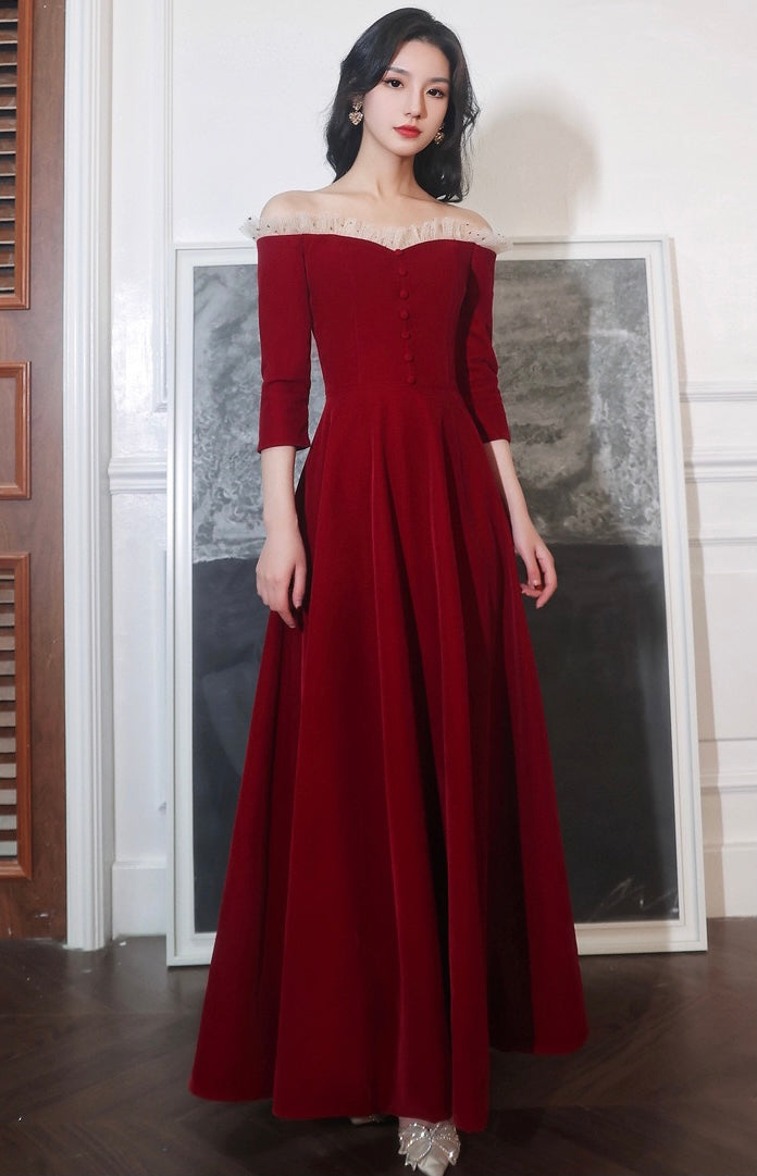 Burgundy Prom Gown, Off Shoulder Party Dress, Fairy Midi Dress fg4473