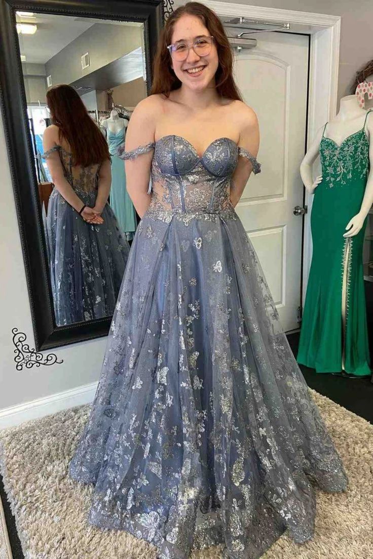 Off Shoulder Smoke Gray Lace Long Prom Dress, Smoke Gray Lace Formal Graduation Evening Dress fg5035