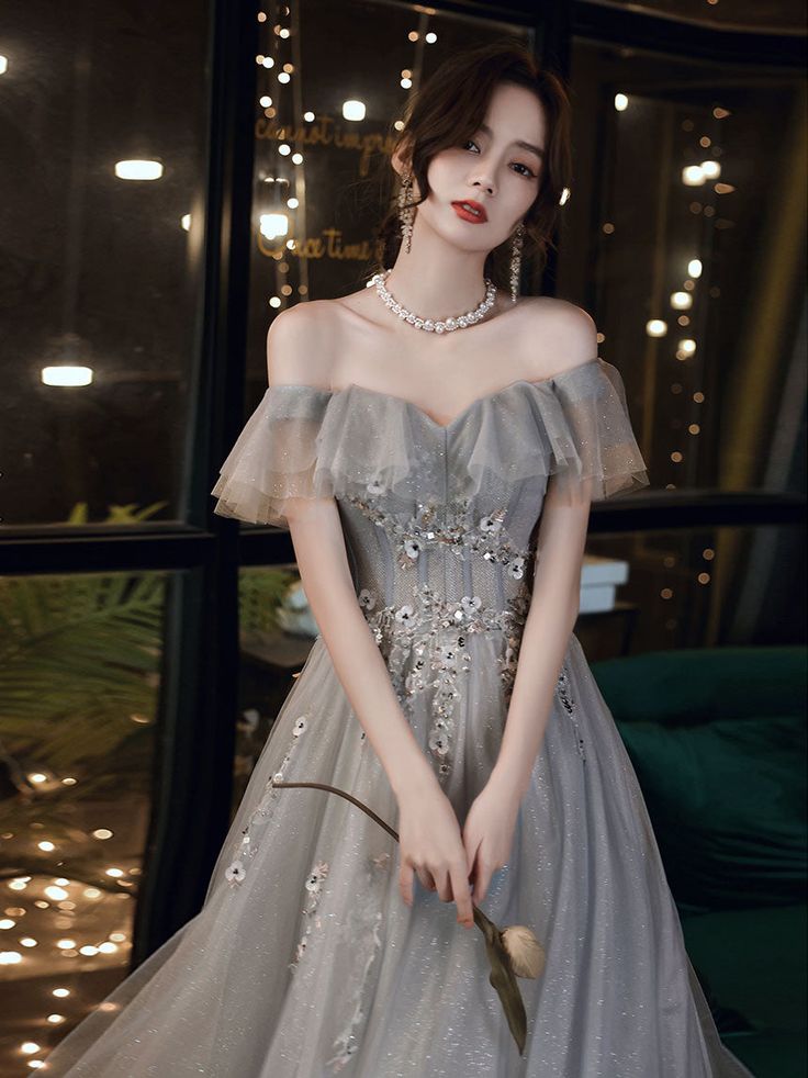 gray tulle off shoulder long prom dress, gray tulle formal dress fg4459