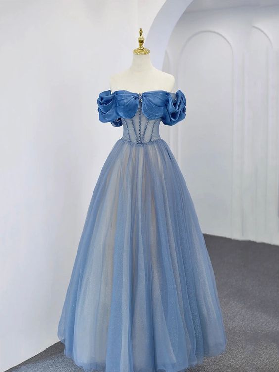 Blue Tulle Beaded Long Prom Dress, Off the Shoulder Evening Party Dress fg5069