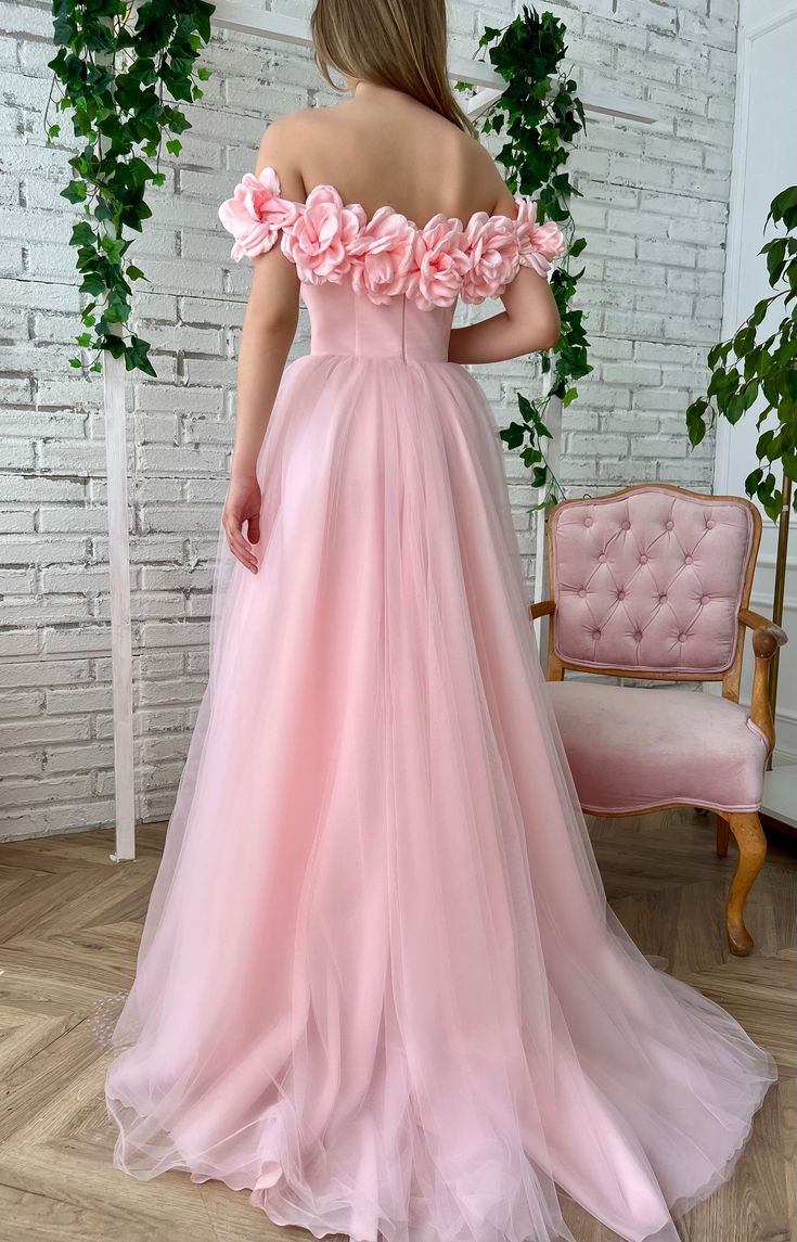 Pink Floral Prom Dresses, Off The Shoulder Evening Gown, Tulle Long Prom Dress fg4679
