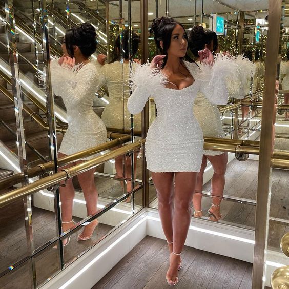 Cute Short Homecoming Dress White Sequin Long Sleeves Birthday Outfit Dress fg5273