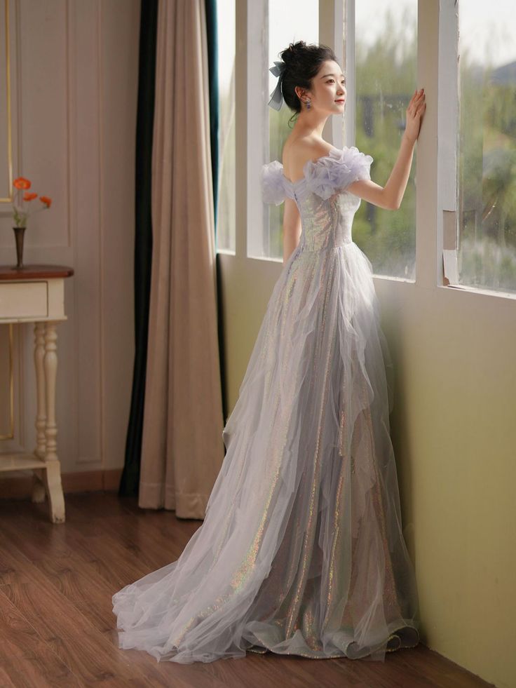 Off Shoulder Sequin Tulle Long Prom Dress, Formal Evening Dresses fg4970