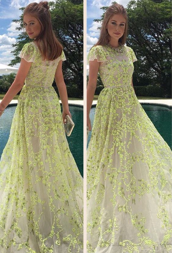 A-Line Lace Cap Sleeves Tulle Long Prom Dress with Appliques fg4762