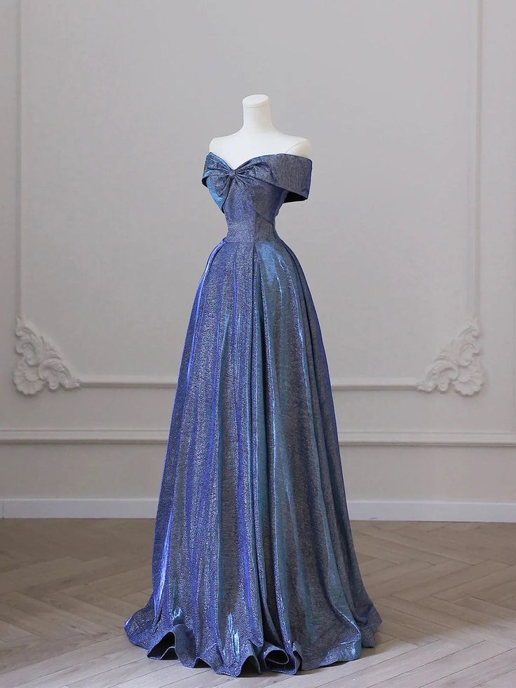 Shiny Off the Shoulder Floor Length Blue A-Line Prom Dress fg5183