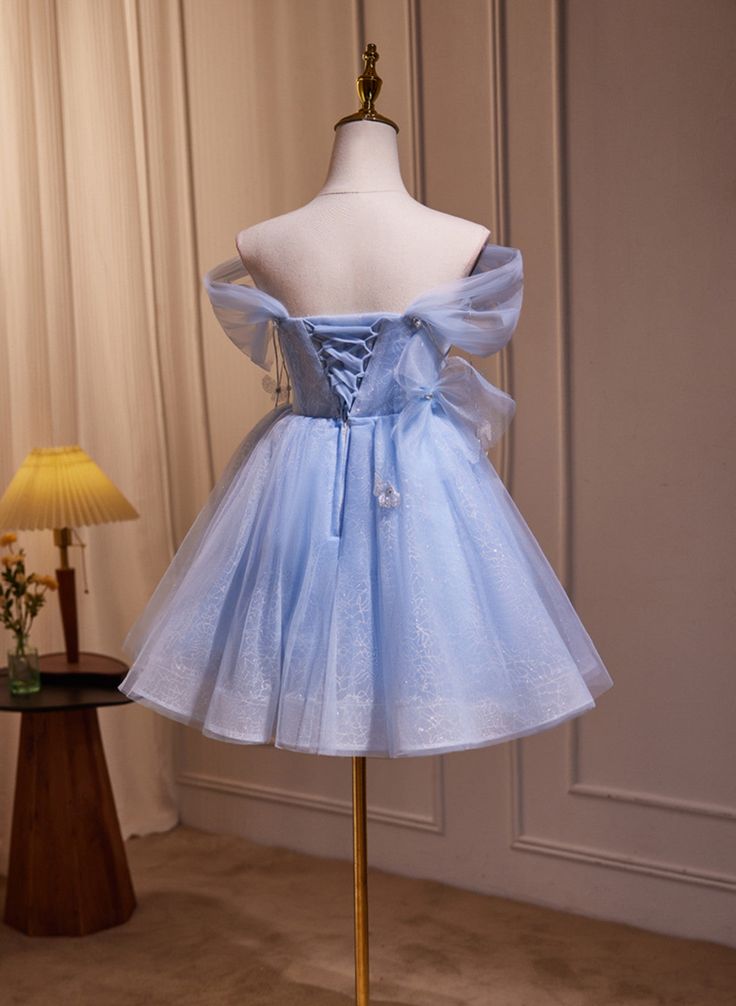 A-line Blue Short Off Shoulder Knee Length Homecoming Dress, Blue Short Prom Dress fg5023