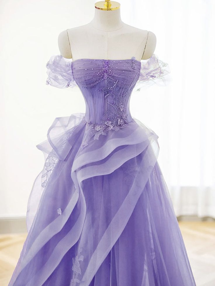 A-Line Off Shoulder Tulle Lace Purple Long Prom Dress, Purple Lace Long Formal Dress fg4857