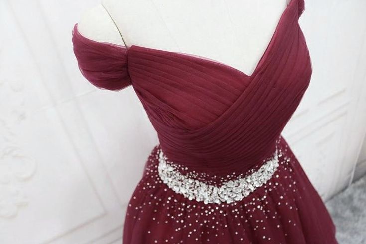 Burgundy Sequins Tulle Fashionable Tulle Long Party Dress, Off Shoulder Formal Dress fg4652