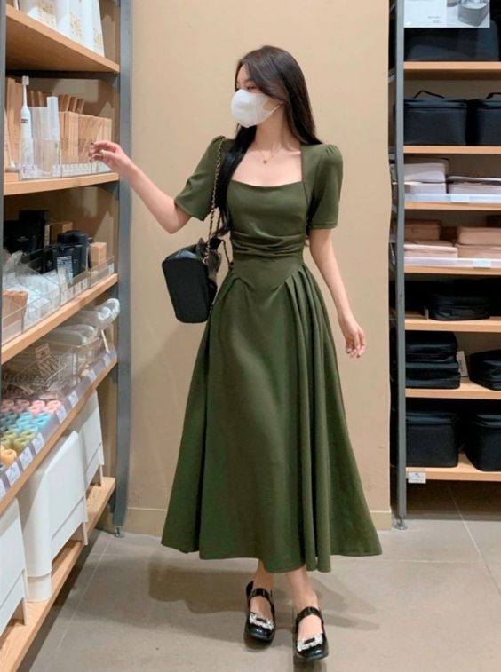 Long Dresses Women's Maxi Dress Square Neck Elegant Green prom dress fg4685