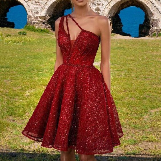 Short Mini A-Line One Shoulder Sleeveless Prom Dress Homecoming Dresses fg4936