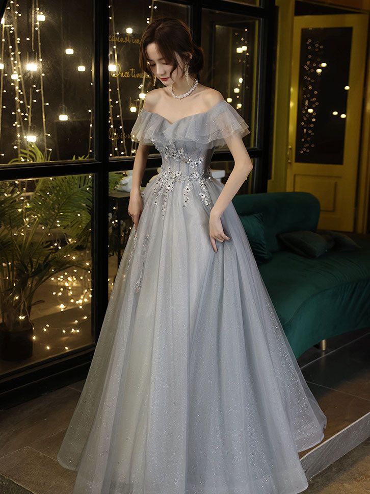 gray tulle off shoulder long prom dress, gray tulle formal dress fg4459