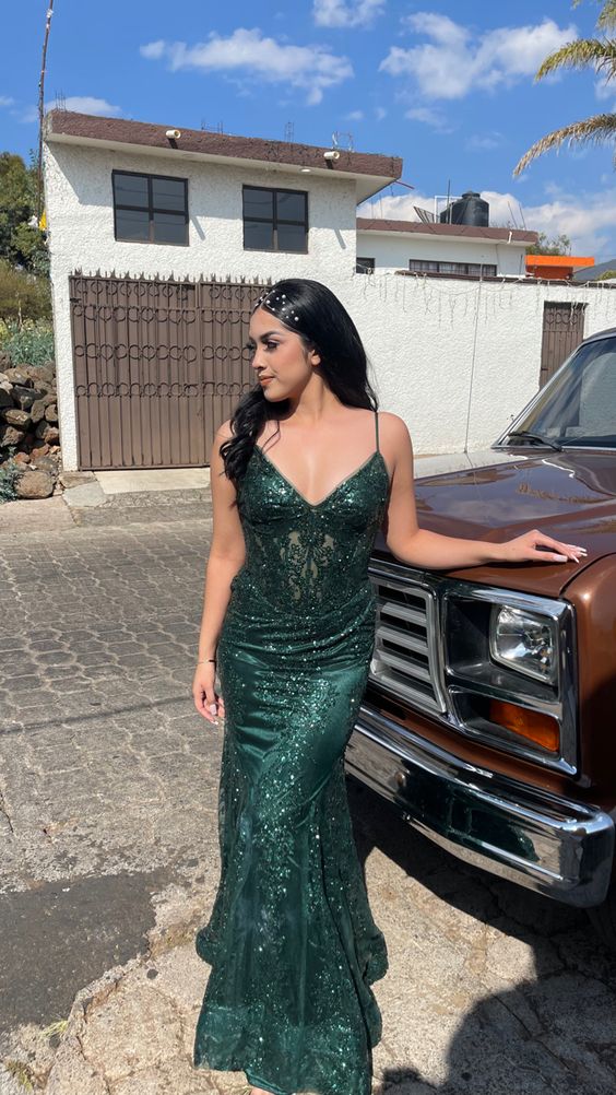 Spaghetti Straps Green Prom Dresses Mermaid Long Formal Dresses fg5278