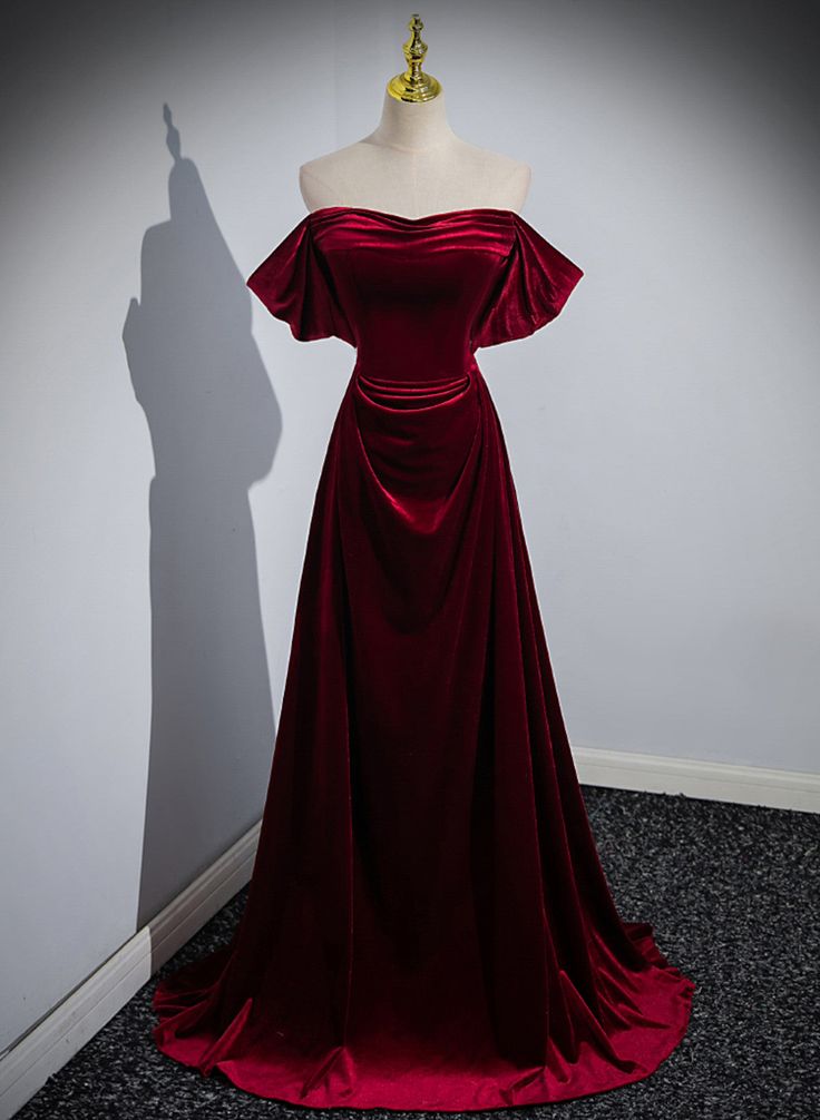 Velvet Off Shoulder A-line Long Party Dress, Floor Length Prom Dress fg4822