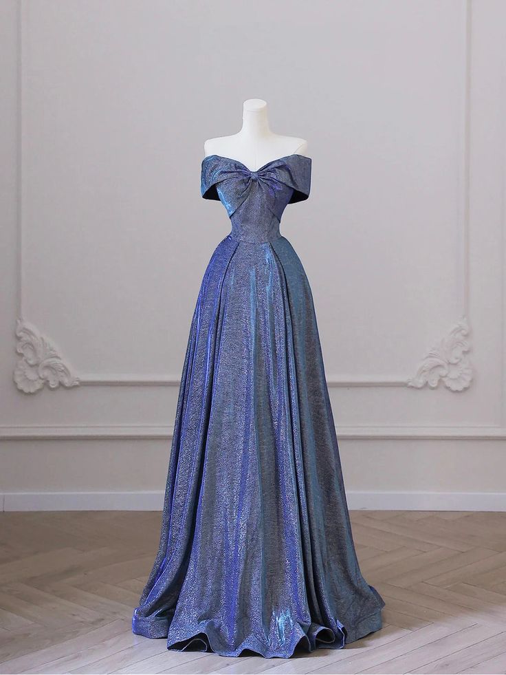 Shiny Off the Shoulder Floor Length Blue A-Line Prom Dress fg5183
