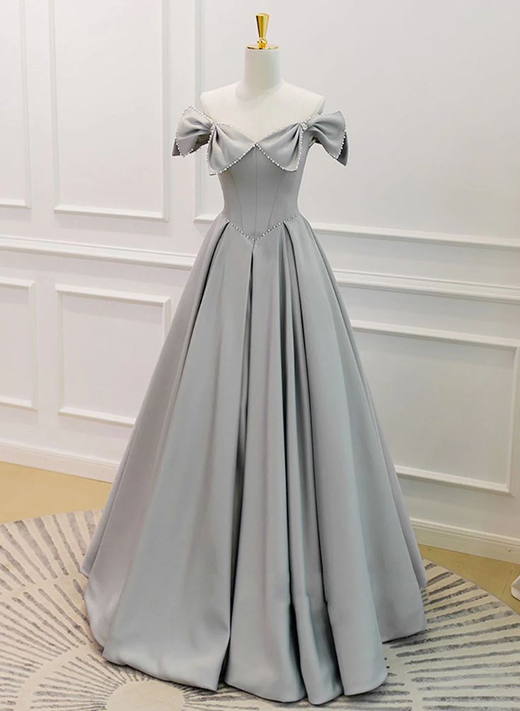 Grey Satin Beaded Long Party Dress with Bow, Grey A-line Prom Dress fg5362