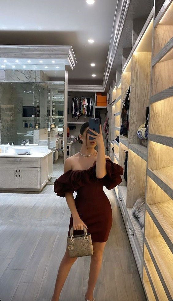 Off The Shoulder Burgundy Homecoming Dresses Short Party Gowns fg4384