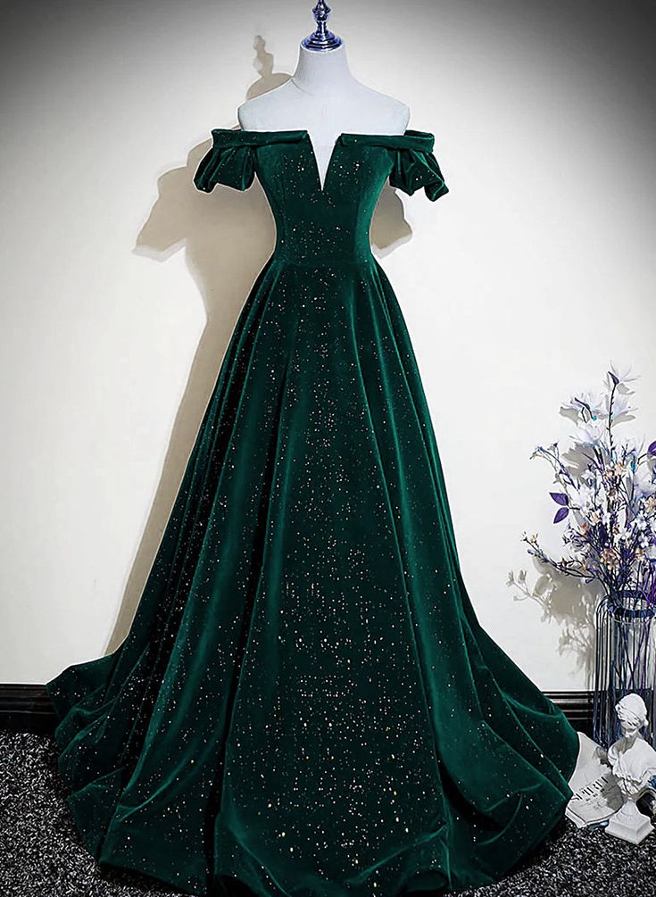 Velvet Off Shoulder Long Party Dress, Green A-line Prom Dress fg4940