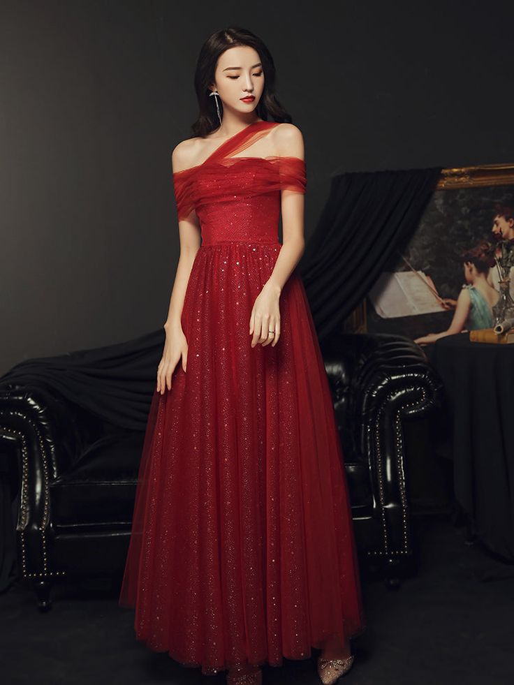 Red Off Shoulder Tulle Long Party Dress, Red A-line Tulle Formal Dress Prom Dress fg5208
