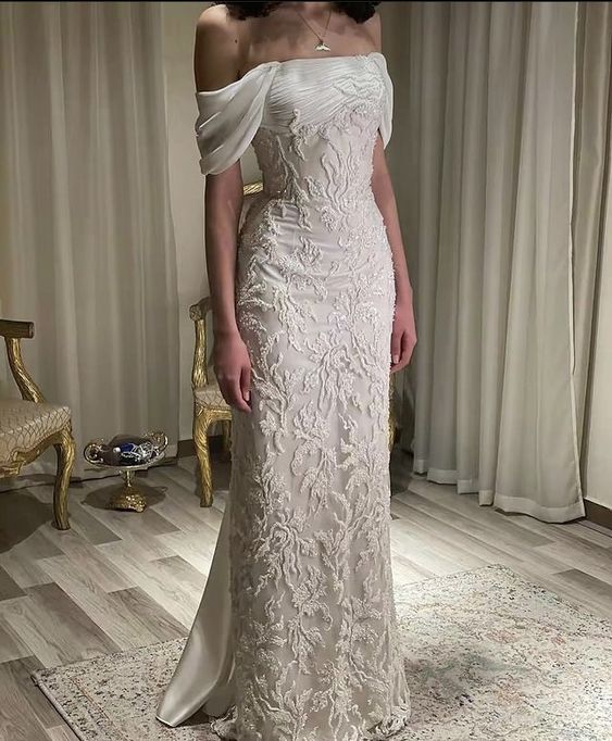 Gorgeous Off Shoulder Appliques Long Prom Dress Wedding Dress fg5161