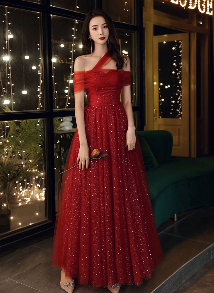 Red Off Shoulder Tulle Long Party Dress, Red A-line Tulle Formal Dress Prom Dress fg5208