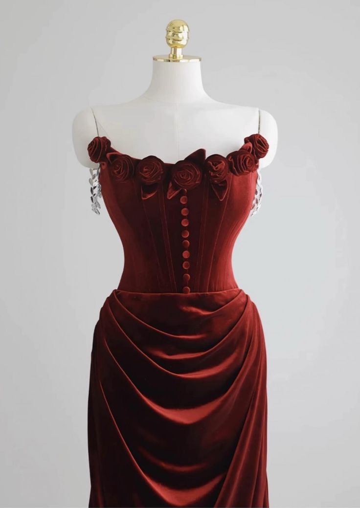 Red velvet evening dress, floral prom dress, chic mermaid dress,custom made fg4923