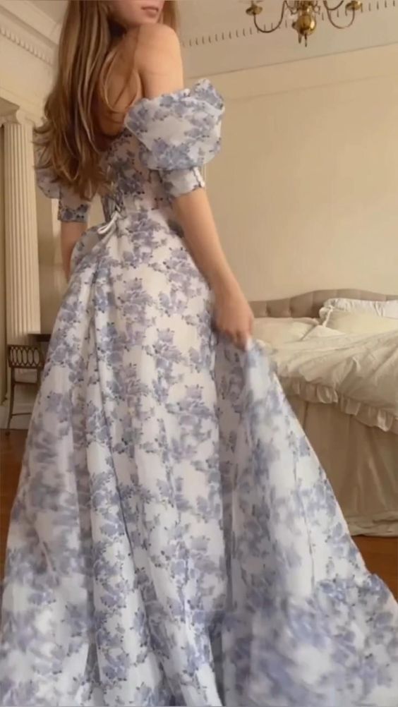 Floral Prom Dresses, Off The Shoulder Party Dress, Chiffon Evening Gown fg4629
