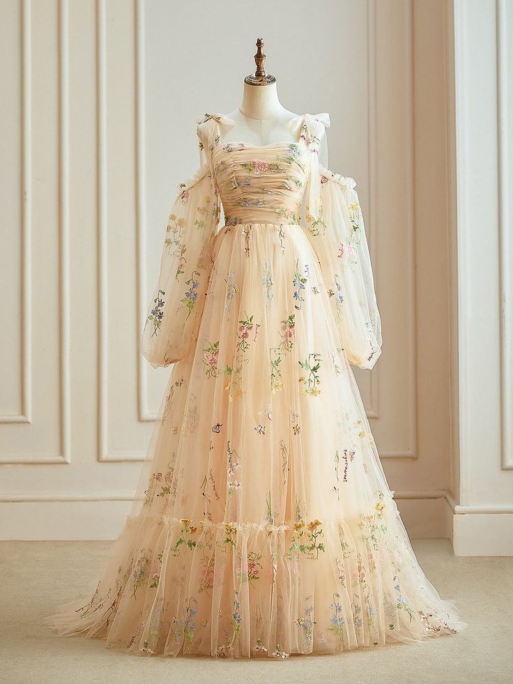 A-Line Tulle Lace Long Sleeves Prom Dress, Long Evening Dress fg4428
