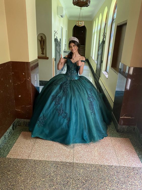 Dark green lace quince dress off shoulder prom ball gown fg4662
